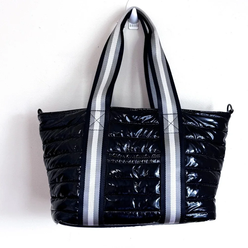 Think Royln Womens Wingman Puffer Tote Bag Black Quilted Patent Leather Travel